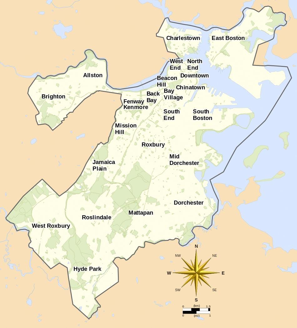 kort af Boston og nágrenni