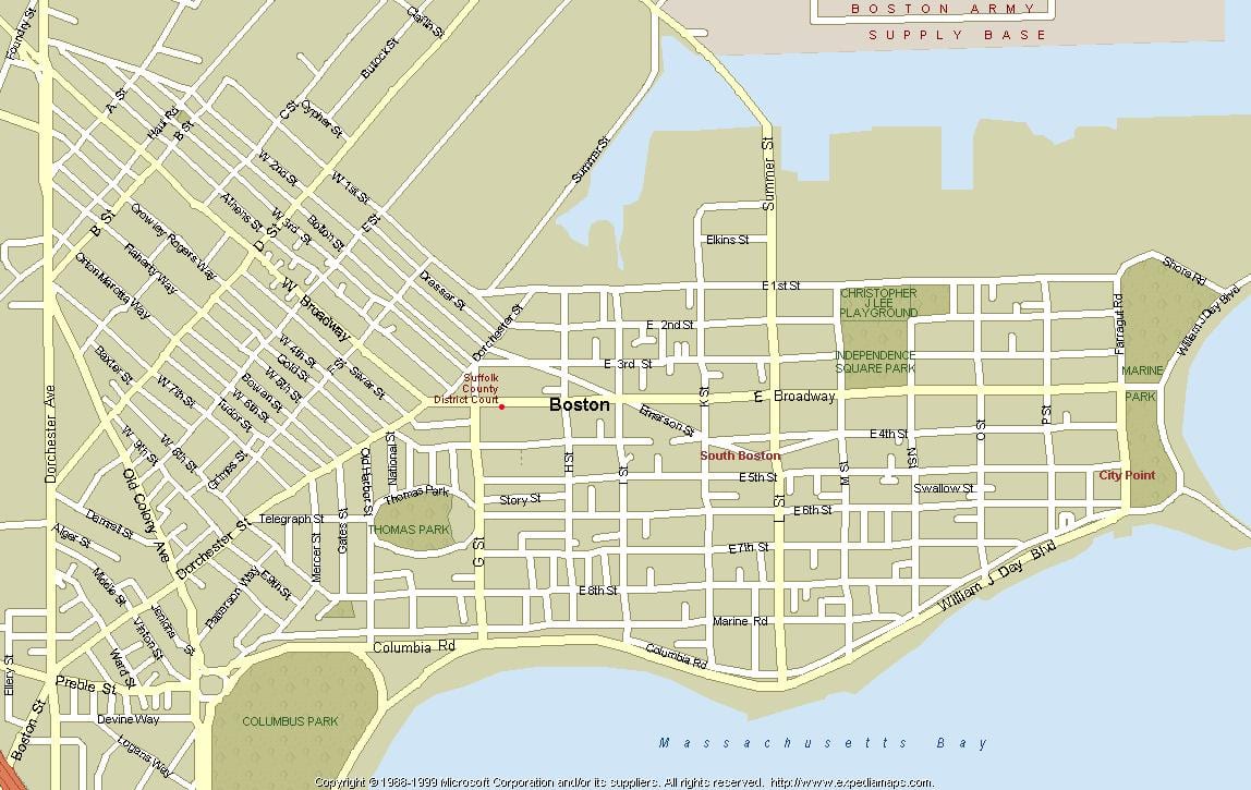 kort af Boston suður
