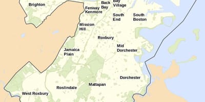 Kort af Boston og nágrenni